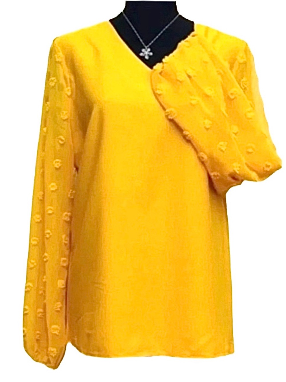 OLIVIA MARK ~ Women’s yellow top w/sheer sleeves and circle accents size M
